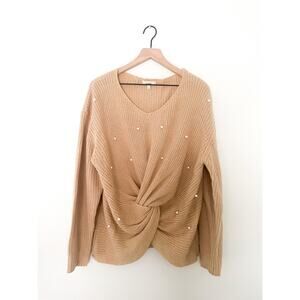 Pearl Twist Front Sweater Plus 1XL Tan Beaded Knot Balletcore Girlhoodcore